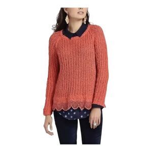 Anthropologie Knitted & Knotted Coral Open Knit Lace Hem Sweater Size Large